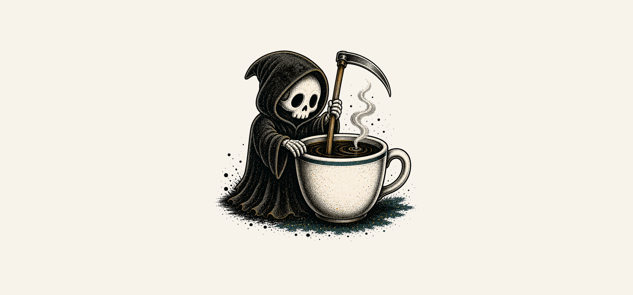 Grim Reaper stirring coffee artwork for Anonymous369 Media merch